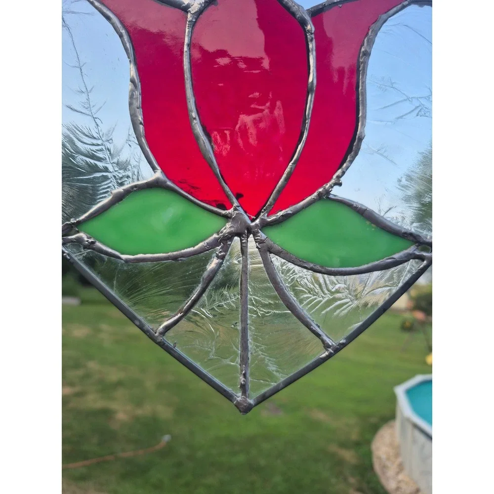 Vintage Handmade Stained Glass Heart Tulip Suncatcher Window Hanging Floral Art